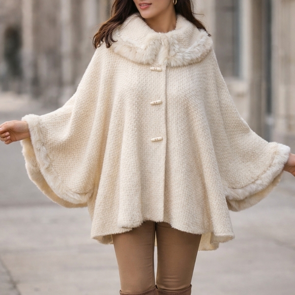 NWOT Elegant Cream Cape with Faux Fur Trim 🐆✨️ - Picture 1 of 9